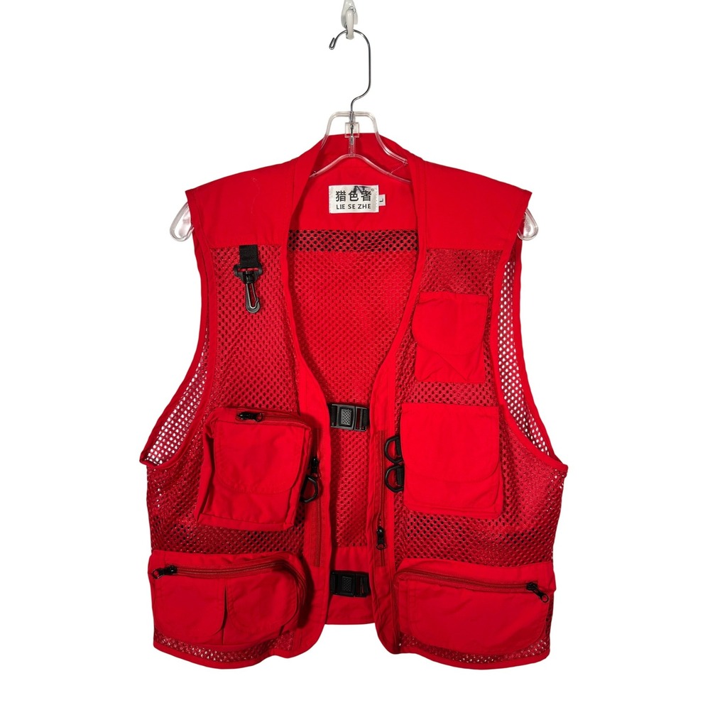 Red Utility Fishing Vest Mesh Pocket Gorpcore Tactical Streetwear Top Large